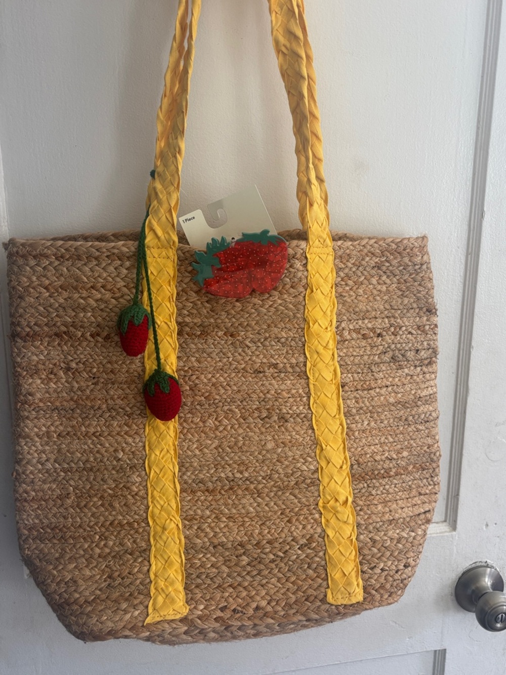 Straw Tote Bag with Yellow Braided Handles